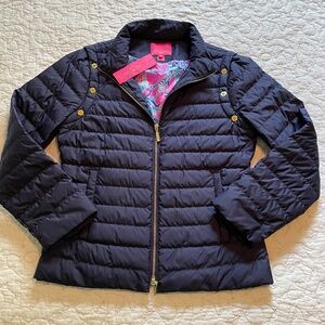 Lilly Pulitzer Haisley 2 in 1 Convertible Puffer Jacket in navy blue